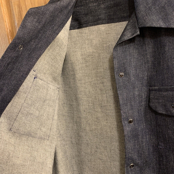 Vintage 70s Blue Denim Pearl Snap 2 PC Suit Set Sz L 1970s Jacket Pants Outfit - Picture 6 of 14